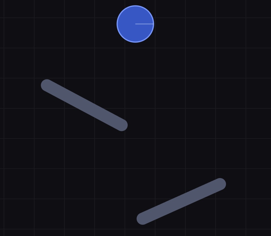 The scene builder: a ball above two tilted rods on a dark grid