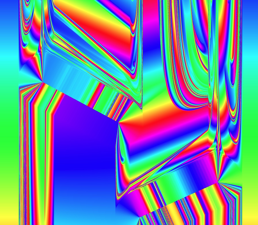 The map that scene makes: bands and folds of rainbow color, each pixel one run of the scene from a slightly different start